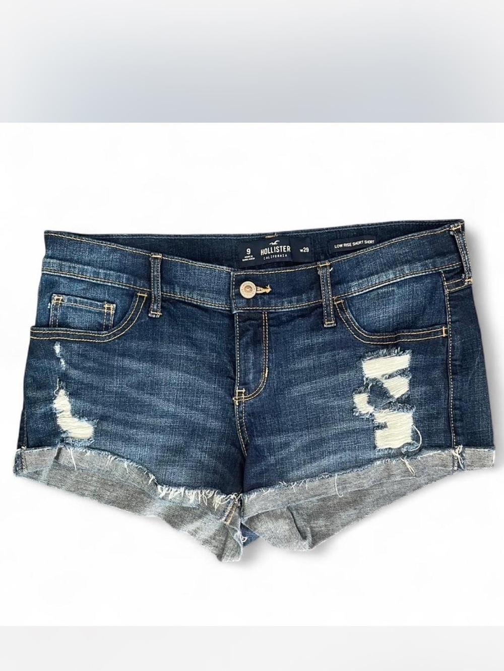 Hollister Women's Medium-Dark Blue Distressed Denim Low Rise Shorts